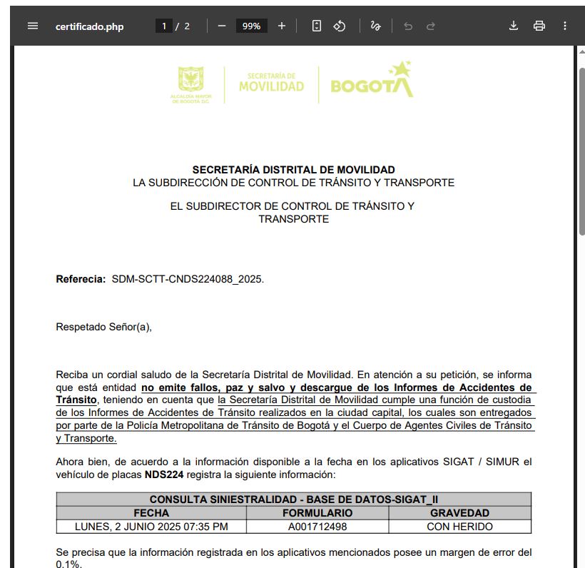 Certificado SIGAT accidente de tránsito